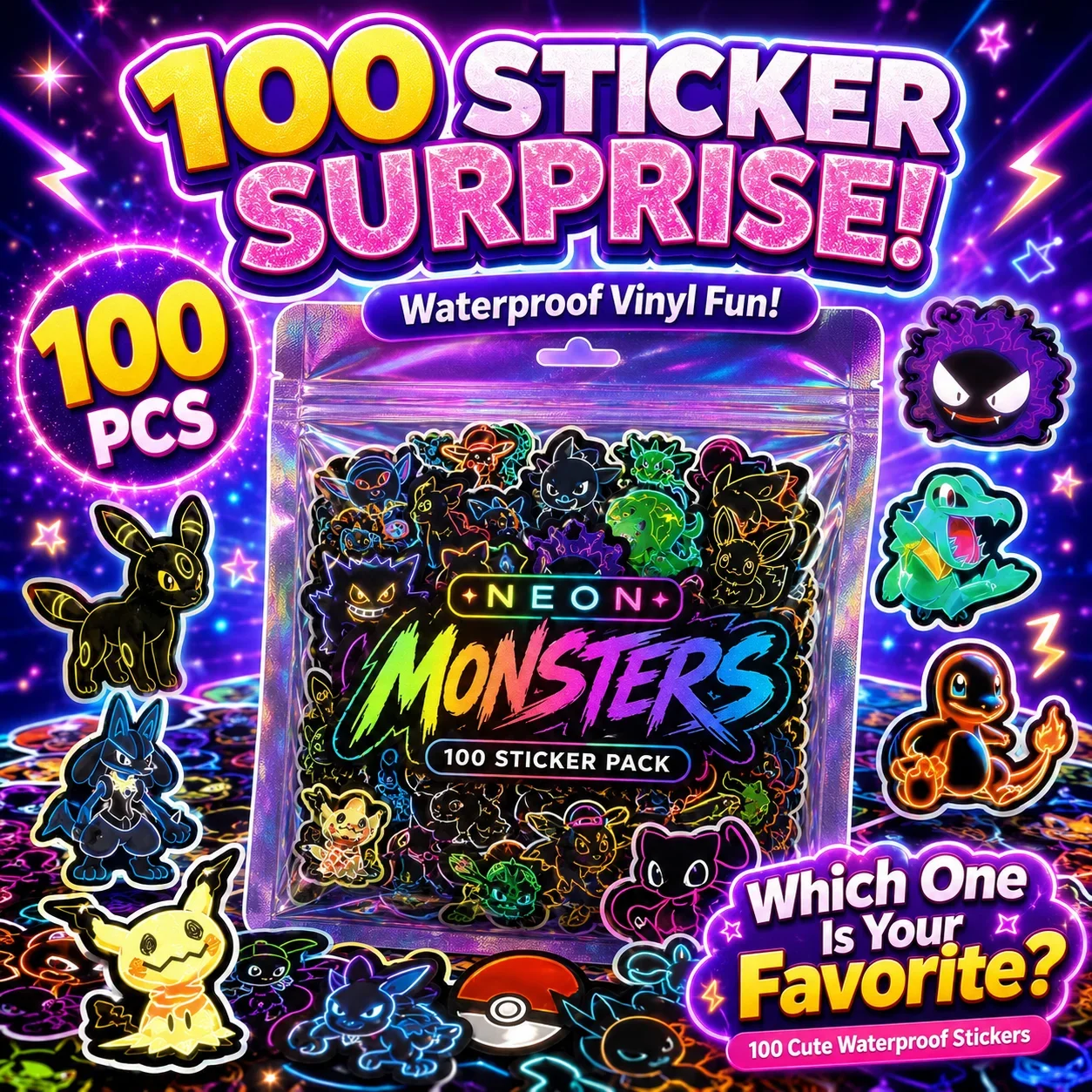 Wall Sticker - 100 sztuk neonowych naklejek Pokémon, wodoodporne,